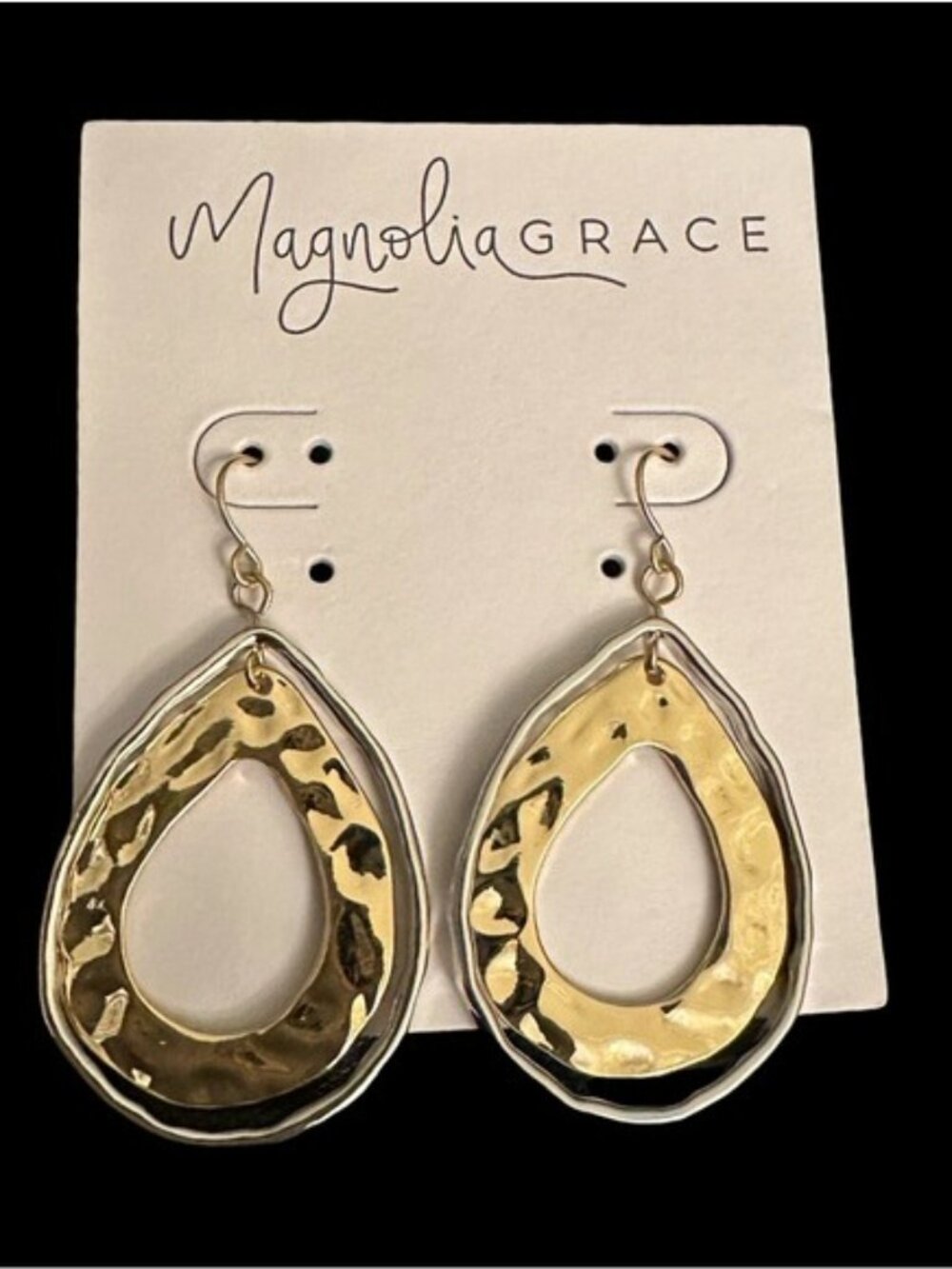Magnolia Grace Teardrop Earrings Hammered Gold Tone Sleek Silver Tone NEW